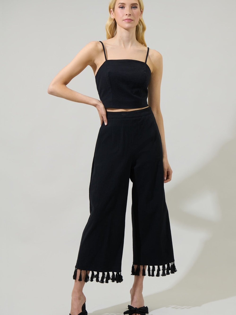 Sugarlips Black Wide-Leg Crop Pants with Tassel Hem